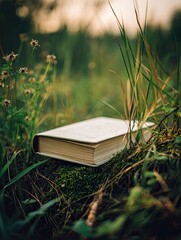 A closed hardcover book rests on moss-covered ground, nestled amongst tall grass and wildflowers in a tranquil outdoor setting.  Soft, natural light bathes the scene