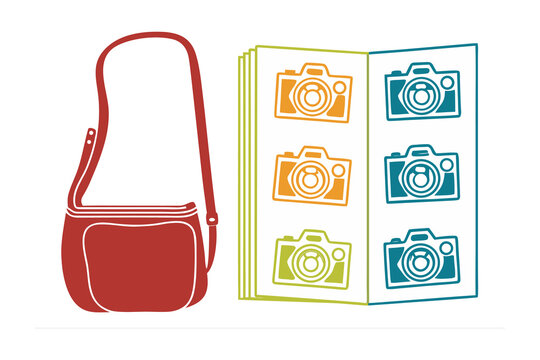 Stylish red crossbody bag and a brochure featuring colorful vintage camera illustrations for photography enthusiasts