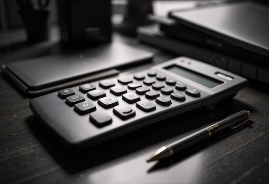 A sleek black calculator rests on a designer desk, surrounded by modern office supplies, symbolizing productivity and financial calculations in a professional environment.