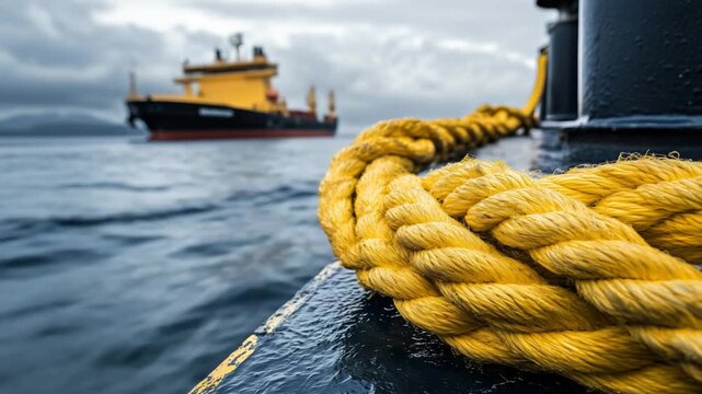 A robust winch system on an ocean freighter secures the vessel to a harbor bollard with a tensioned, glistening yellow mooring rope.