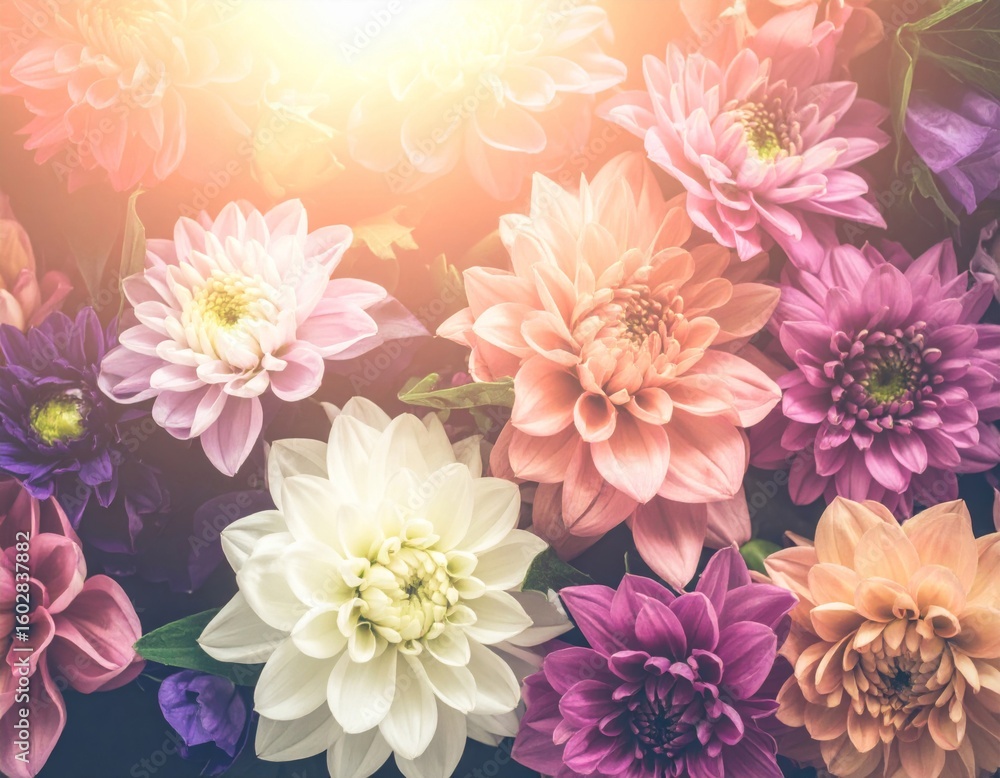 Poster close up of assorted dahlias in full bloom with soft lighting and deep colors