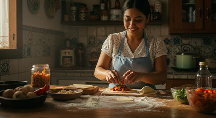 A joyful young woman carefully prepares a traditional recipe, filling dough for savory pastries in a warm, rustic home kitchen.