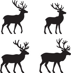 Majestic reindeer set in flat black style bundle featuring silhouette poses for vector and illustration projects