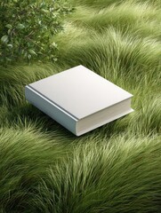 A blank, hardcover book rests on a bed of long, green grass, partially obscured by a small, leafy shrub.  The scene is brightly lit, suggesting an outdoor setting