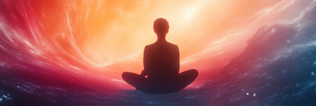 Man in meditative pose sitting at the center of an ethereal cosmos, surrounded by stars and nebulae.
