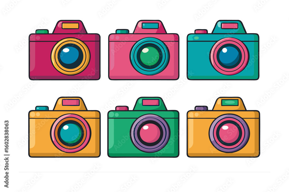 Poster six retro style cameras with vibrant colors and circular lenses displayed in two rows