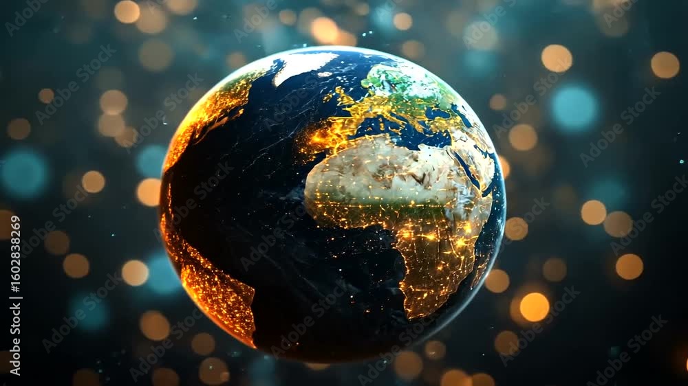 Poster rotating earth with city lights on a dark bokeh background animation