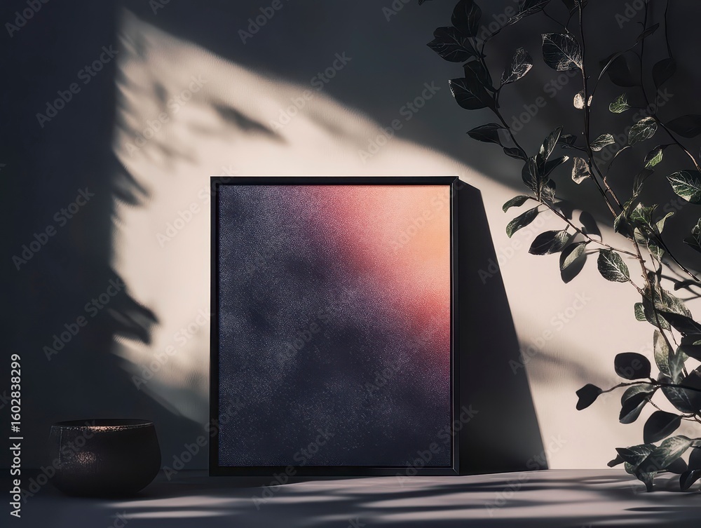 Poster artistic framed print on table with soft shadows and plant elements