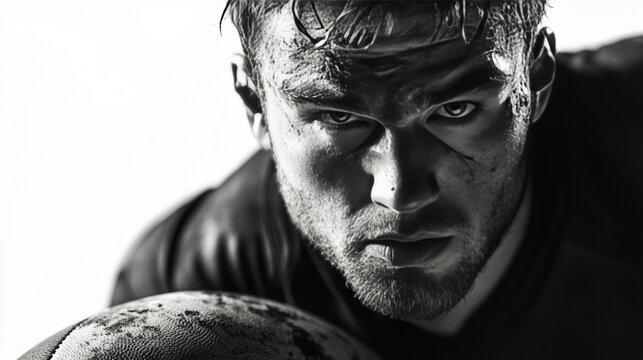 Athletic male rugby player with intense expression, sweat, and dirt, showcasing his strength and toughness. - Powered by Adobe