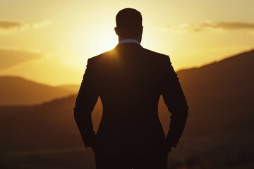 Male silhouette in suit at sunset against backdrop of mountains and sky.