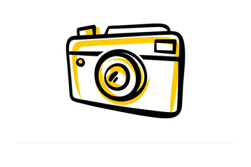 A stylized hand drawn illustration of a retro camera with a yellow and white body and black accents