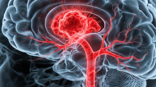 Visually striking 3D animation showcasing a transparent human brain with a prominent pulsating red tumor and detailed vascular network