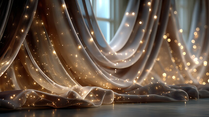 Elegant draped sheer curtains with warm twinkling lights