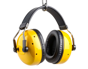  Ear Protection Headgear Hanging from Hook, Side View Composition, Yellow and Black, Isolated