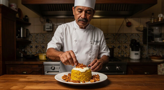 Culinary master at work. An expert chef puts the final garnish on a beautifully plated traditional meal in a classic kitchen.