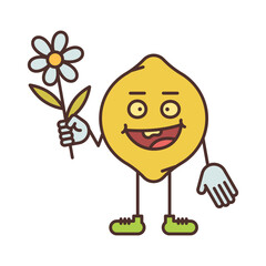 Lemon character holding flower and smiling