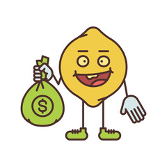 Lemon character holding bag with money and smiling