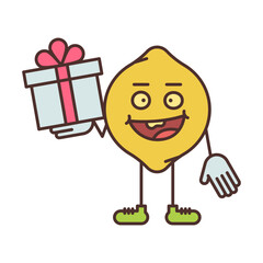 Lemon character holding gift box and smiling