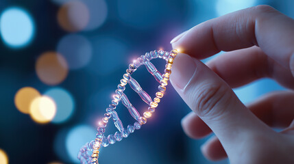 Close-up of a hand holding a glowing, transparent DNA double helix model with a futuristic blue background