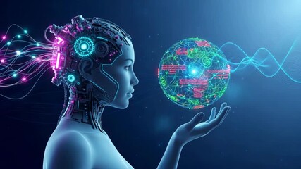 A futuristic cyborg woman holds a glowing digital sphere representing artificial intelligence and global data networks in her palm - Powered by Adobe