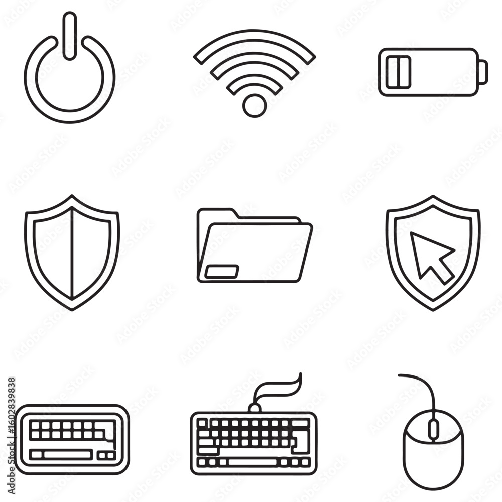Poster collection of simple outline computer icons including shield battery folder and keyboard design