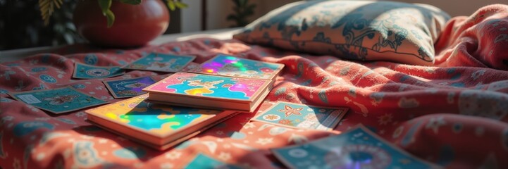 Fototapeta premium A cozy, artistic scene featuring colorful books on a patterned blanket, perfect for creative projects or home decor inspiration.