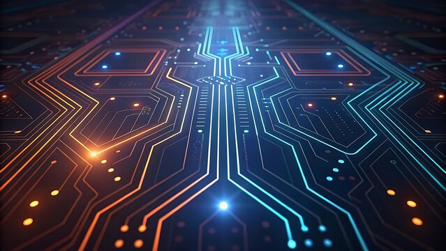 Glowing blue and orange circuit board pathways with digital connections technology electronic
