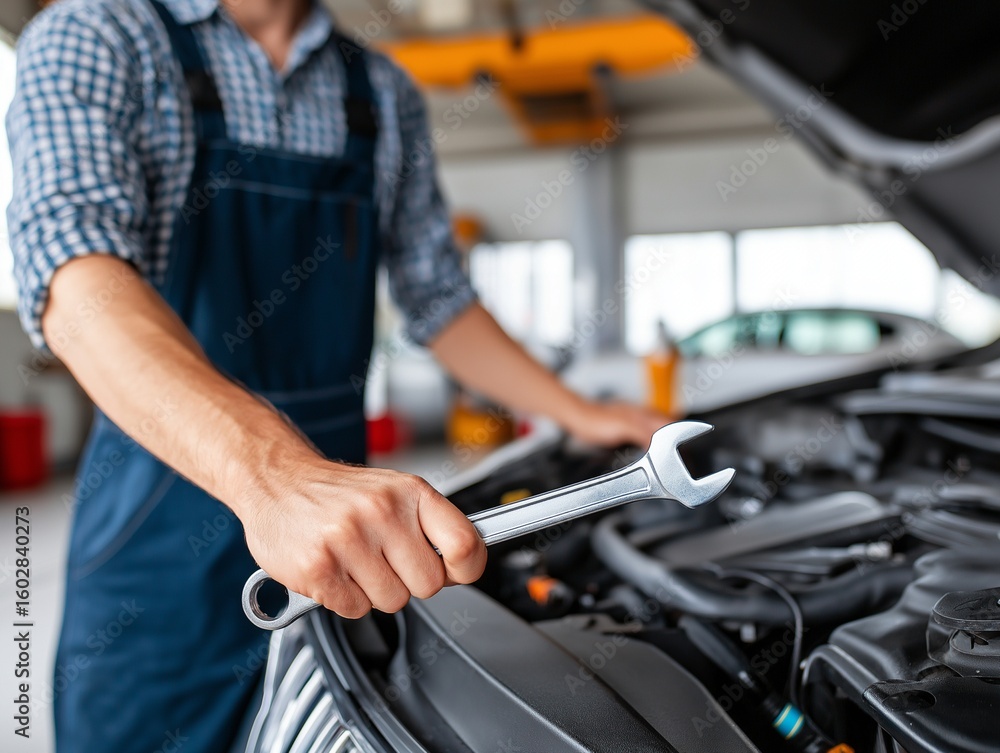 Poster a skilled mechanic, focused on the task, holds a wrench while meticulously working on a car's engine
