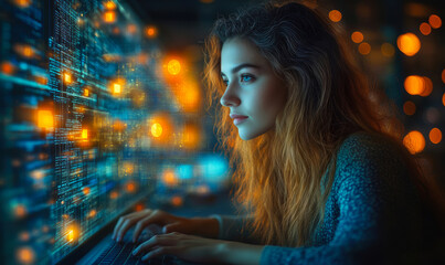 Young woman working on laptop with digital data interfaces and glowing network connections in futuristic technology environment at night