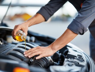 Car Maintenance in Action: A skilled mechanic is meticulously pouring fresh oil into a car engine, showcasing precision and expertise in automotive care.generative ai illustration