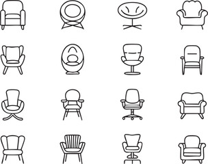 Collection of various chair icons in a seamless pattern featuring different styles and designs in a simple minimalist