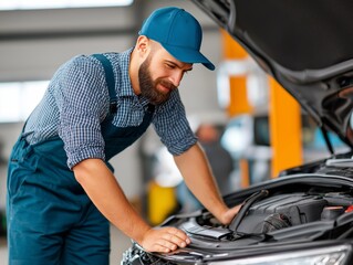Mechanic's meticulous vehicle Inspection : A focused mechanic, adorned in practical overalls and a cap, meticulously examines the inner workings of an engine.generative ai illustration