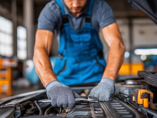 Mechanic's Focus: A skilled mechanic intently works on a car engine, embodying precision, expertise, and dedication within a professional garage environment.generative ai illustration
