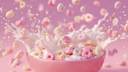 Colorful Splash of Cereals in Pink Bowl with Milk Flying Around
