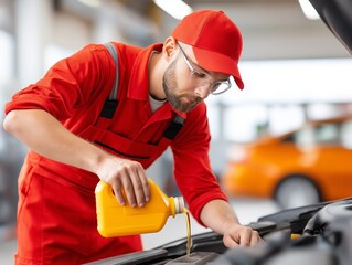 An auto repair specialist meticulously attends to the needs of a vehicle, focusing on engine health and functionality. He is working with car maintenance.generative ai illustration