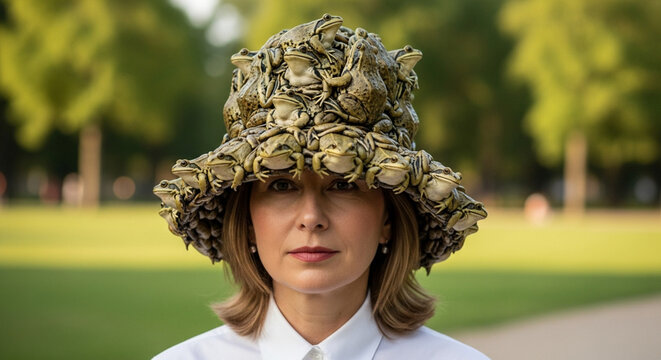 Portrait of a woman wearing a bizarre bucket hat made entirely of realistic green frogs in a sunny park