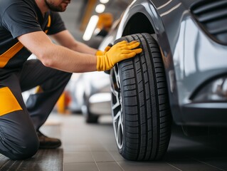 A skilled mechanic, equipped with protective gloves, meticulously inspects and maintains the tire of a sleek car, emphasizing precision and care within a service center.generative ai illustration.