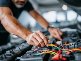 A skilled mechanic meticulously inspects the complex wiring and engine components of a car, showcasing expertise and precision in automotive repair.generative ai illustration