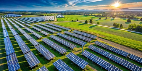 Aerial View of Solar Farm at Sunset, Rows of Panels in Lush Green Fields, Sustainable Energy Production