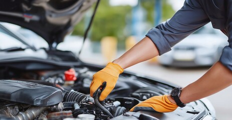 A skilled mechanic, hands clad in protective gloves, meticulously inspects the engine of a vehicle, his expertise reflecting in the focused interaction.generative ai illustration