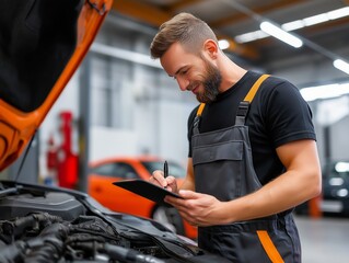A focused auto mechanic meticulously inspects a vehicle engine in a well-lit repair shop, showcasing technical expertise and attention to detail. generative ai illustration