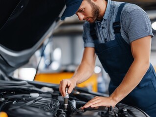 Mechanic's Precision: A skilled mechanic meticulously examines an engine, showcasing expertise and the art of automotive repair in a well-lit garage.generative ai illustration