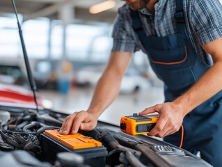 A skilled car mechanic meticulously examines a car's engine using specialized equipment in a brightly lit workshop, showcasing automotive expertise and precision.generative ai illustration
