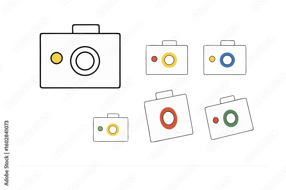 Aufkleber simple line drawings of vintage cameras with colorful lenses and buttons representing different mode