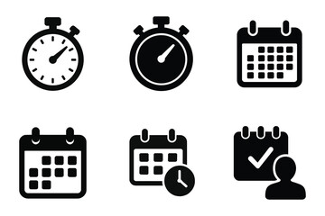 Collection of stopwatch and calendar icons isolated on white background