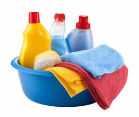Cleaning supplies including bottles, brush, and cloths in a blue basin