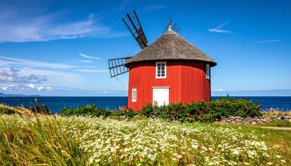Red windmill by the sea