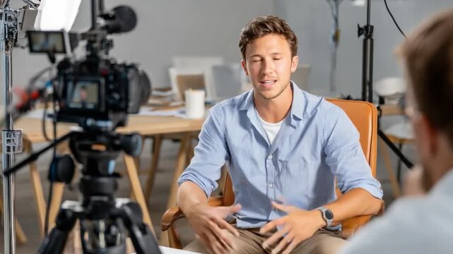 Interview Scene: A focused individual gestures expressively while seated during a formal interview, captured through the lens of a professional camera, signifying the power of communication.