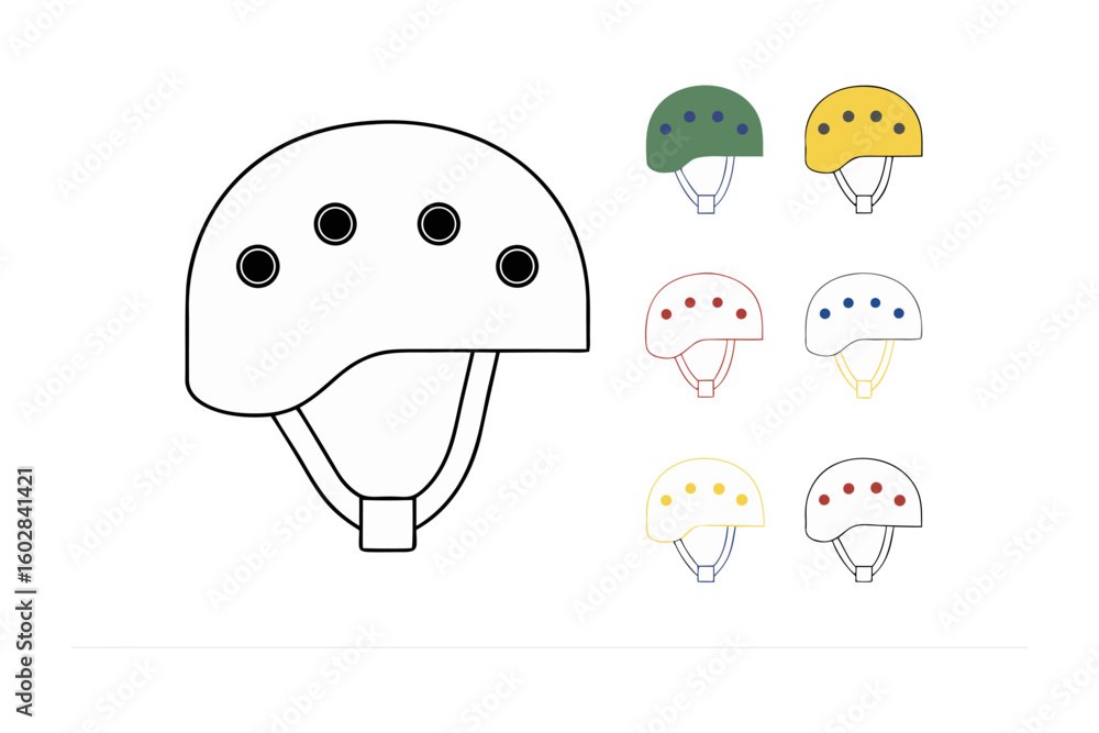 Poster simple line drawing of a protective helmet with multiple colorful variations for safety gear design