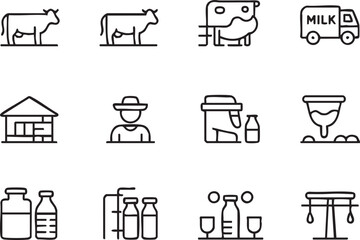 Collection of Dairy Farming Icons Representing Cows Farmers Milk Production and Processing in a Clean Minimalist Line Art